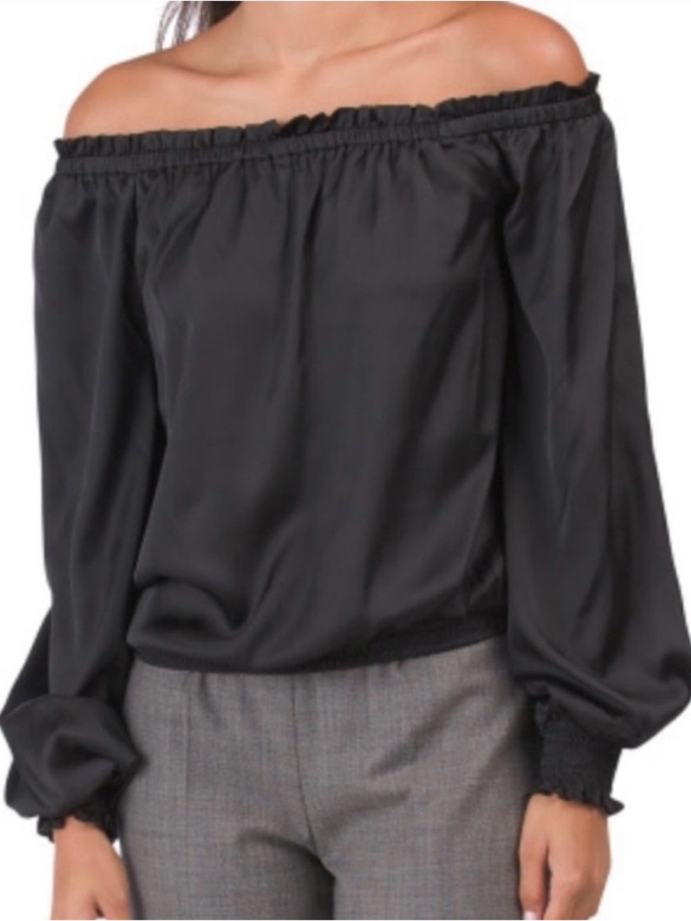 Ramy Brook black satin off shoulder blouse size medium